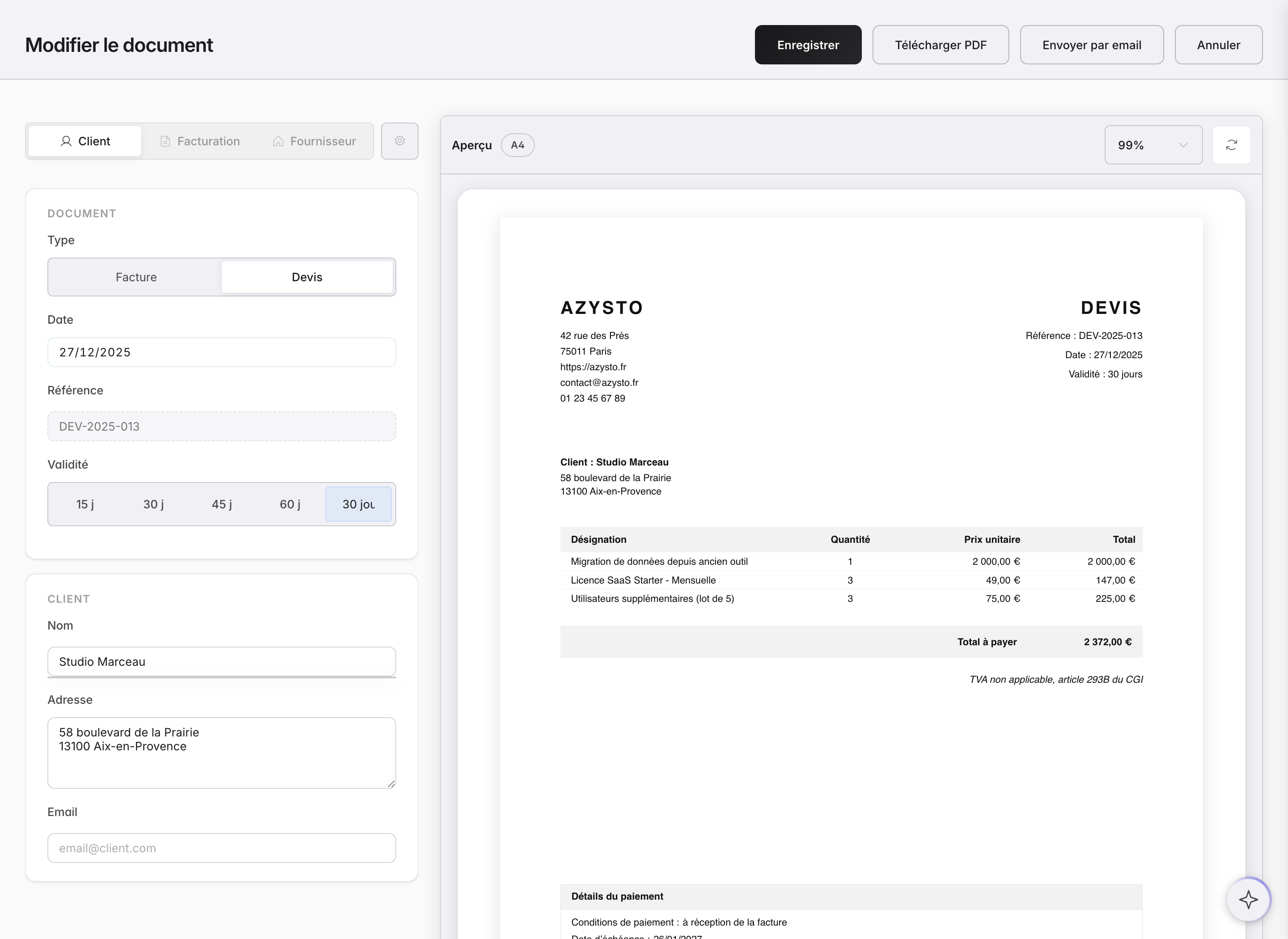 Éditeur de facture micro-entrepreneur avec aperçu PDF en temps réel : mentions obligatoires, totaux conformes